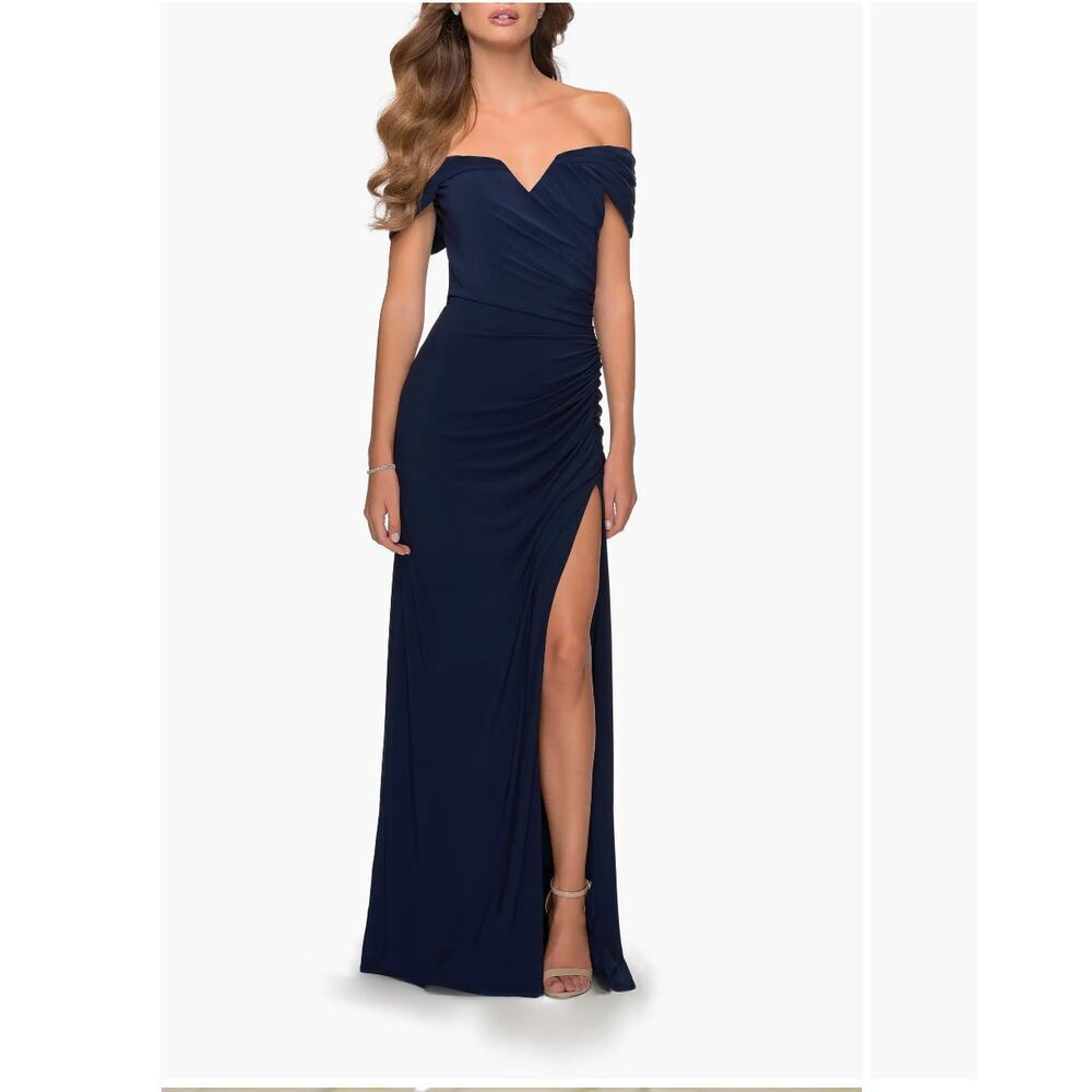 La Femme sz 16 navy blue off‎ shoulder gown NWT